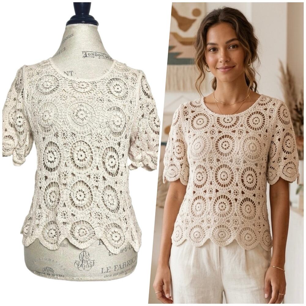 Solitaire | Women | Neutral Beige Crochet Open Knit Boho Scalloped Top | Medium